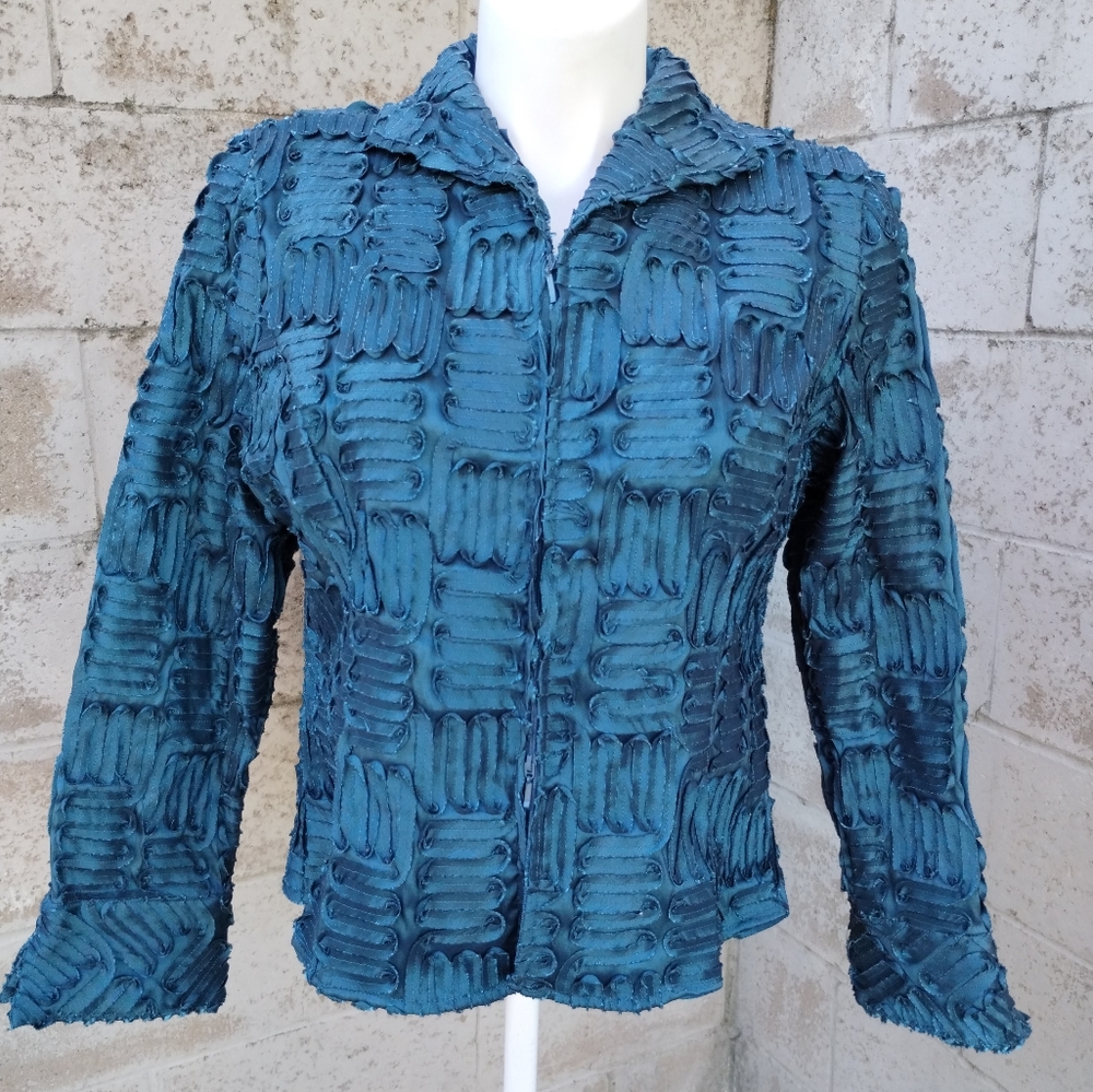 Samuel Dong Metallic Teal Textured Ribbon Reversible Zipper Vintage Blazer